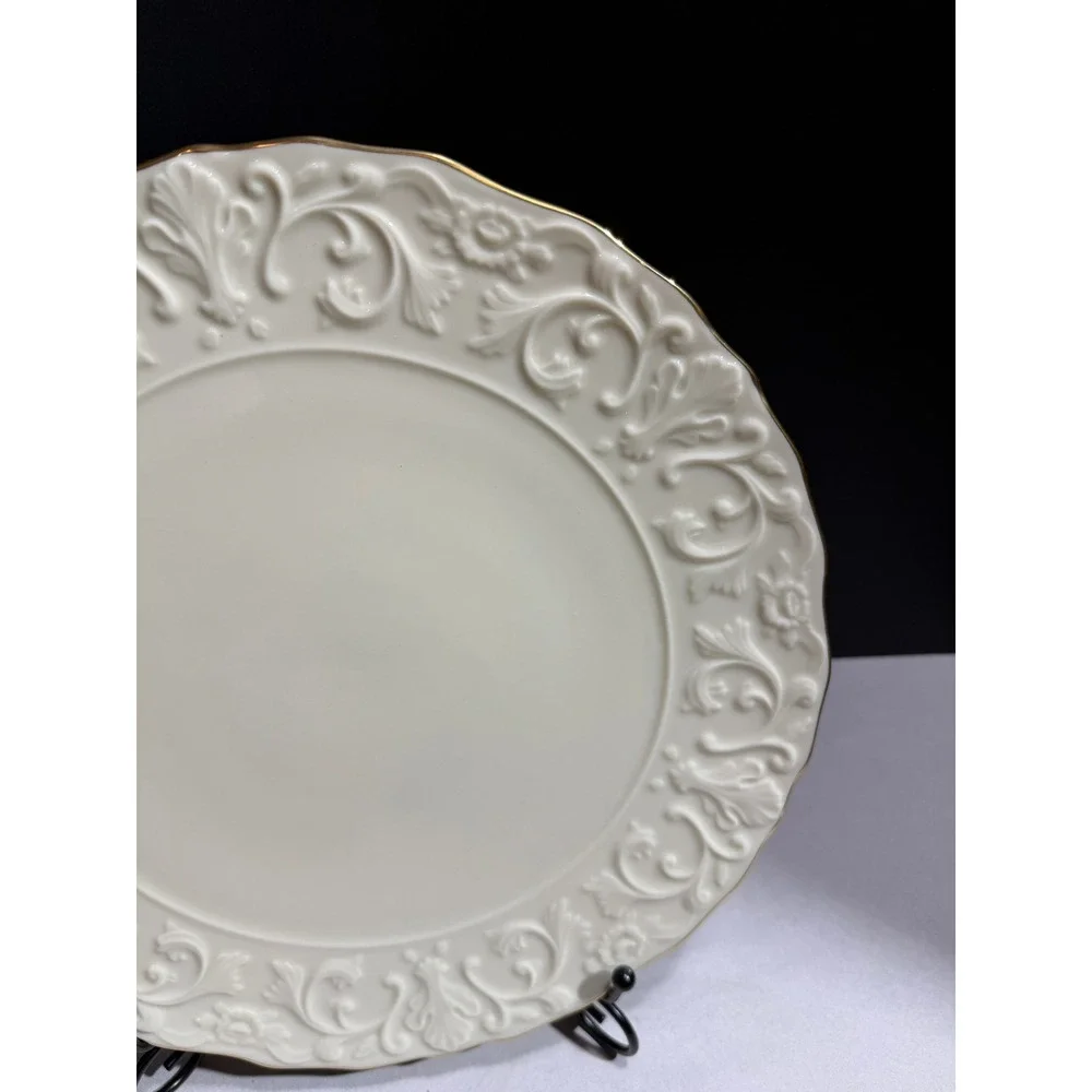 Lenox Georgian Cake Plate Cream Embossed Floral Gold Trim Scalloped 11.5